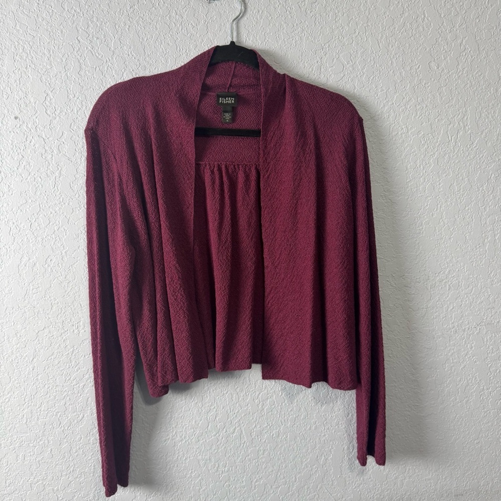 Eileen Fisher Red Open Front Wool Cardigan Medium Classic Italian Yarn Sweater
